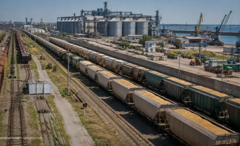 Grain trains on a Romanian railway route toward the port of Constanta.