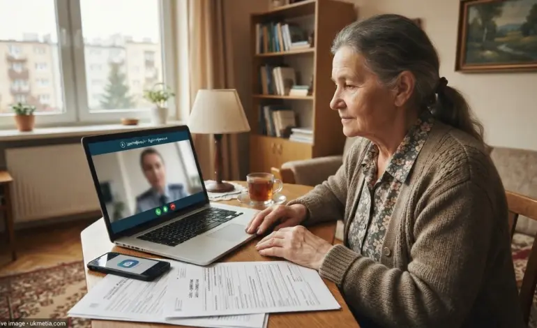 Ukrainian pensioner abroad completing identity verification for pension payments.
