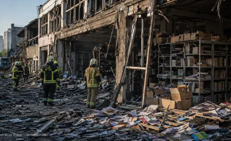 Damaged Ukrainian publishing facilities after a Russian attack on Kyiv.