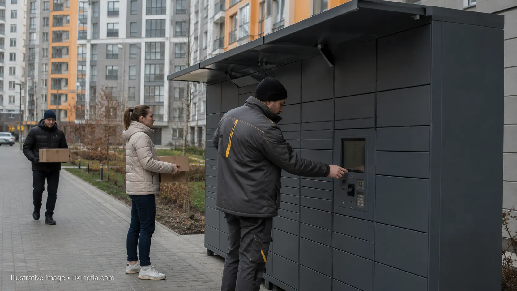 Outdoor Ukrposhta parcel locker near a residential building in a Ukrainian city.