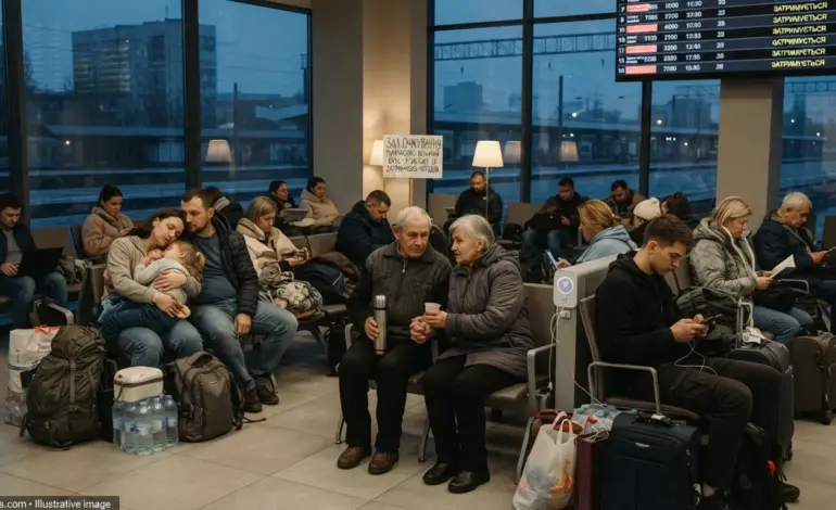 Passengers wait in a Ukrainian railway station lounge during major train delays