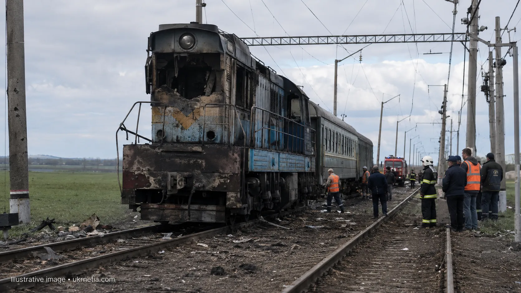 Damaged Ukrzaliznytsia locomotive on a railway line in Odesa Oblast after a Russian drone attack.