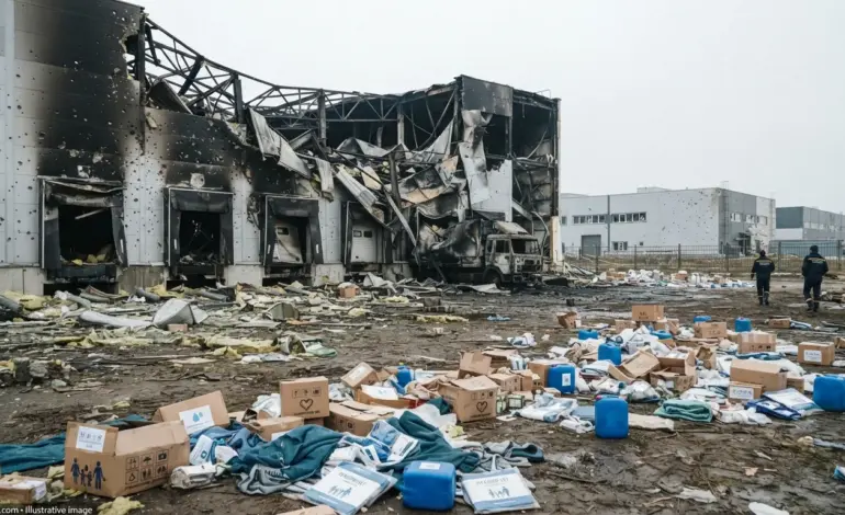 Destroyed UNICEF humanitarian warehouse in Kyiv region after a Russian attack