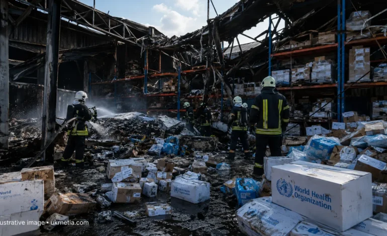 Destroyed World Health Organization humanitarian warehouse in Dnipro after a Russian strike.