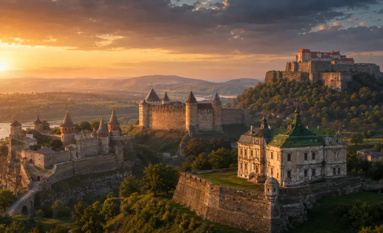 Panoramic view of authentic medieval castles in Ukraine illustrating the country's thousand-year history of castles and fortresses.