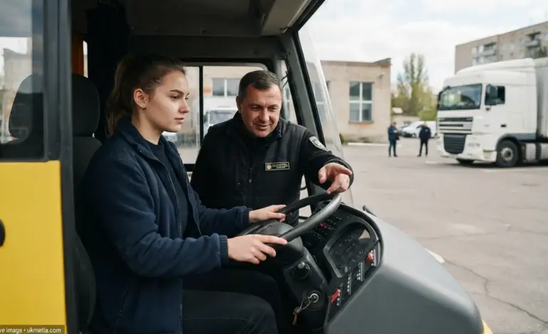 Ukrainian woman training to become a professional bus driver in Khmelnytskyi.