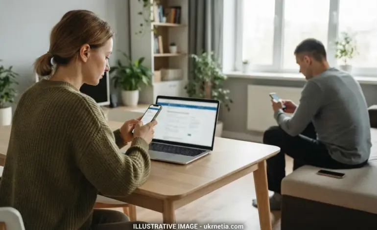 Ukrainian couple using smartphones for the online divorce service in Diia