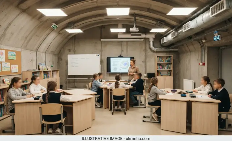 Students studying in a newly built underground school shelter in Ukraine